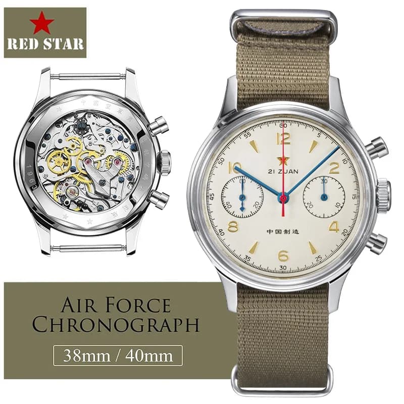 Men's Mechanical Watch Red Star Retro 1963 Chronograph with Charge Movement Manual ST1901, Aviator Style, Sapphire Glass, Waterproof