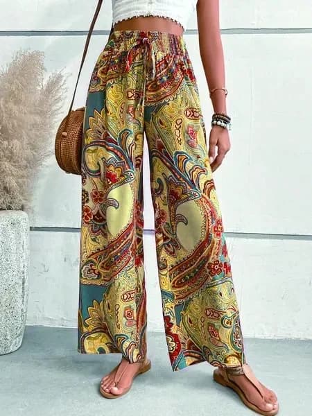 2024 AliExpress Europa e America Nuovo prodotto transfrontaliero Stampa digitale Cintura elastica stile etnico Pantaloni larghi casual