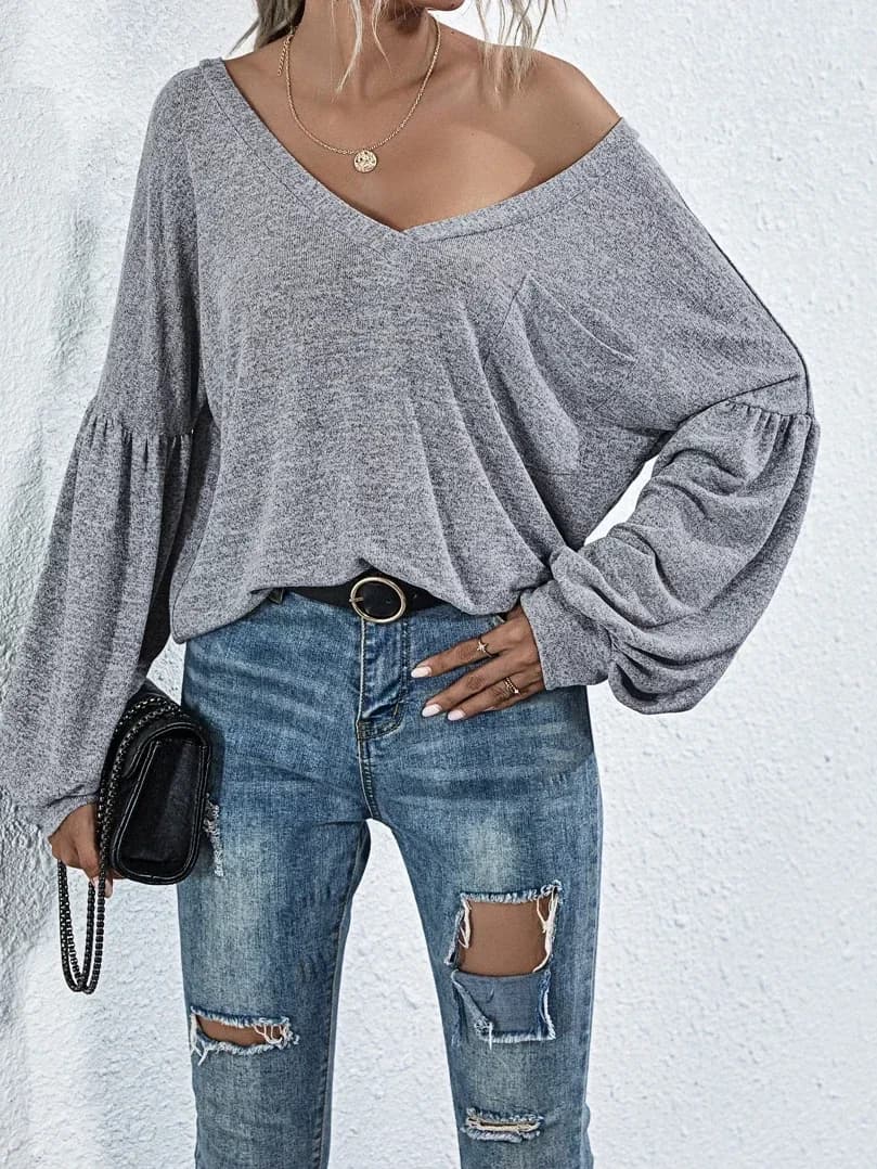 T-shirt da donna con scollo a V tinta unita, casual, con tasca posteriore aperta e maniche a lanterna, alla moda, a manica lunga