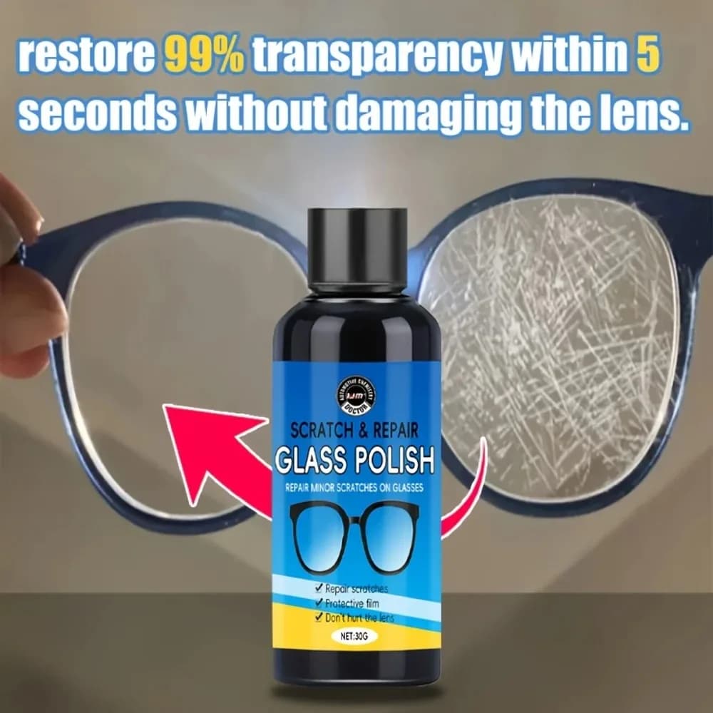 Rimuovi Graffi Rapido per Vetri - Soluzione Riparatrice da 30G per Occhiali, Metallo, Ceramica, Plastica e Acrilico - Ripristinatore di Chiarezza Istantaneo