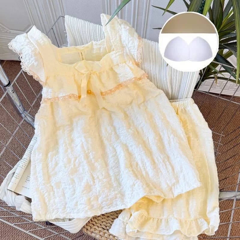 Plain Colour Camisole Women Lace Pajamas Ladies Comfortable Ribbons Bows Sling Summer Girl Square Collar Plaid Pajama 2pcs/set