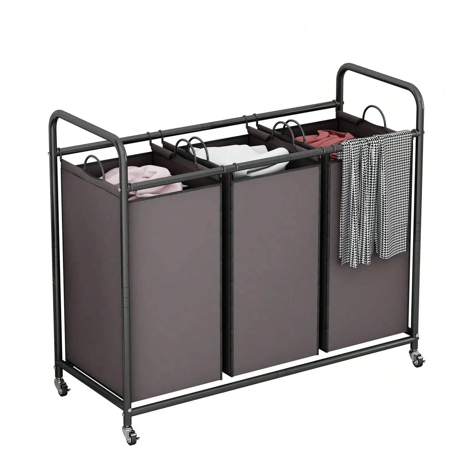 3-Bag Laundry Basket Hamper Laundry Sorter Cart Laundry Room Organization With Heavy Duty Rolling Lockable Wheels And Removable Bags,Spring,Minimalist,Summer TopsLaundry Sorter Cart Back To School