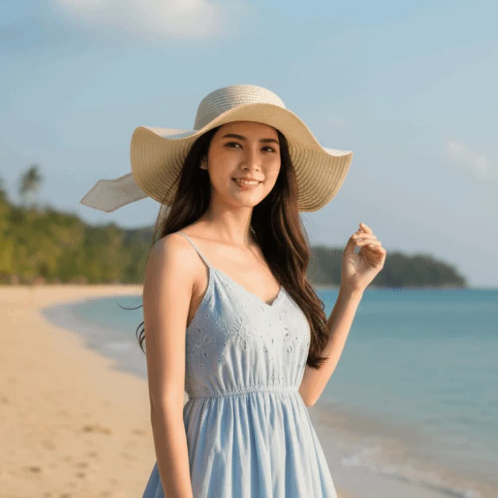Breathable Vacation Beach Cap Lightweight Sunshade Topi Big Brimmed Straw Hat with Lace Ribbon Solid Color Woven Sun Cap Summer