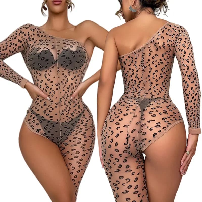 Erotic Spice Girls Wild Leopard Underwear New See-through Personalised One-shoulder Jumpsuit Pure Desire Hot Nightclub Sexy Suit