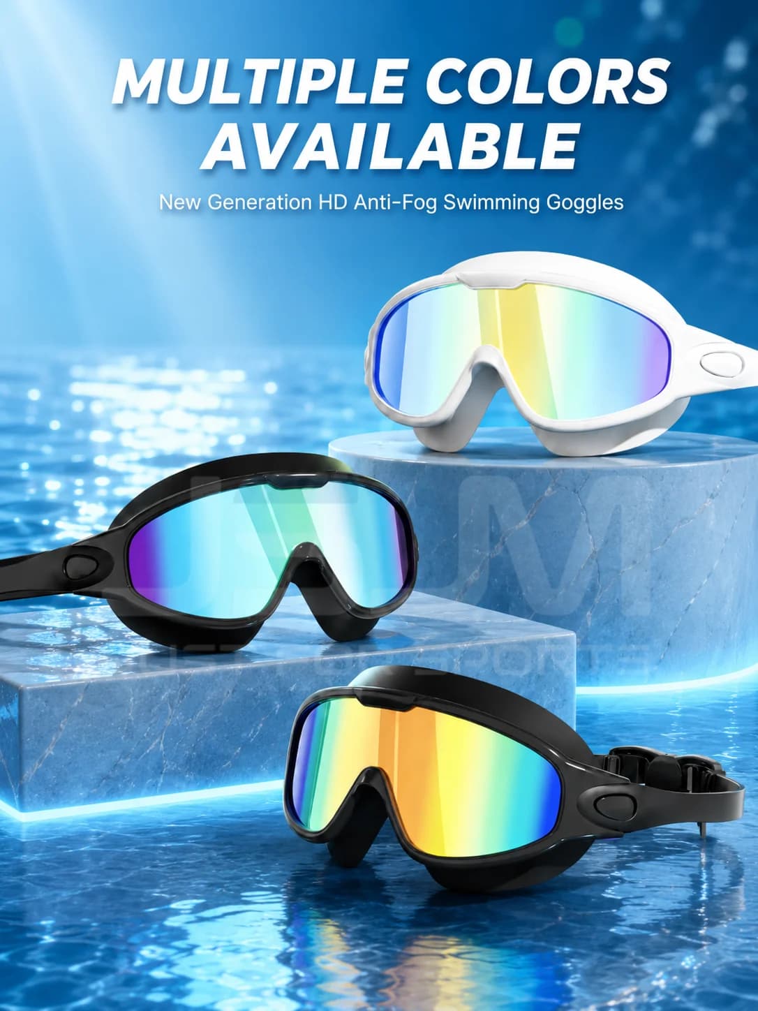 JSJM New Style Adult Swimming Goggles Anti-Fog Wide View Waterproof Swim Glasses UV Protection Adjustable Strap for Men Women