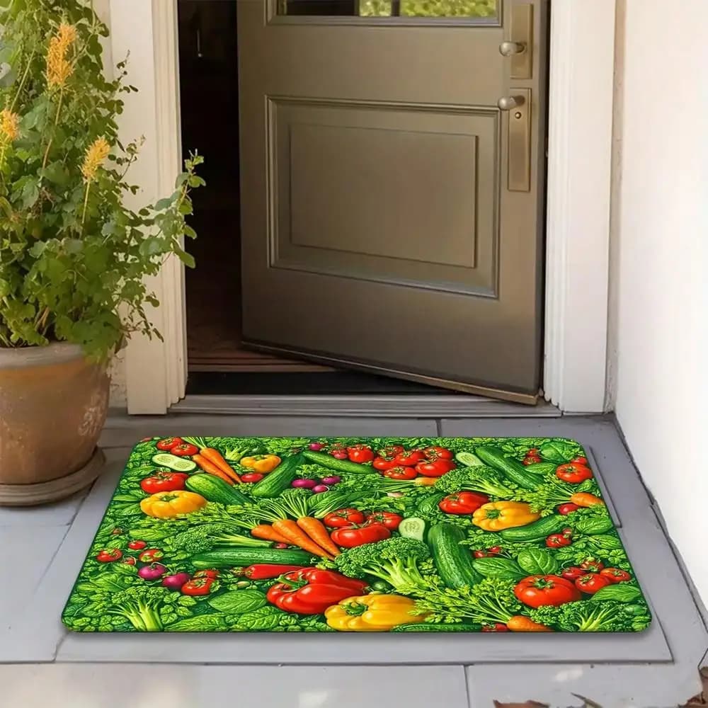 1pc Ultra-Soft Flannel Doormat, Indoor Non-Slip Rug, Fresh Vegetable And Fruit Print Kitchen Mat, Machine Washable And Fade-Resistant, Suitable For Living Room, Bedroom, Office, Hallway, Game Room, Laundry Room, Entryway, Home Dec