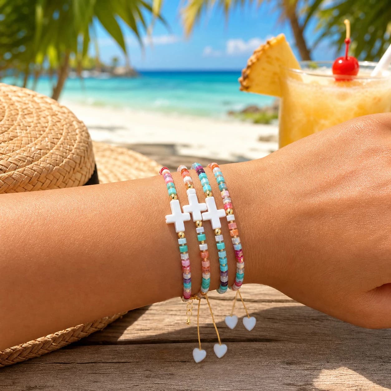 4pcs Colorful Beaded Cross Bracelet with Semi Precious Stone, Copper Chain Christian Layered Beach Style for Women