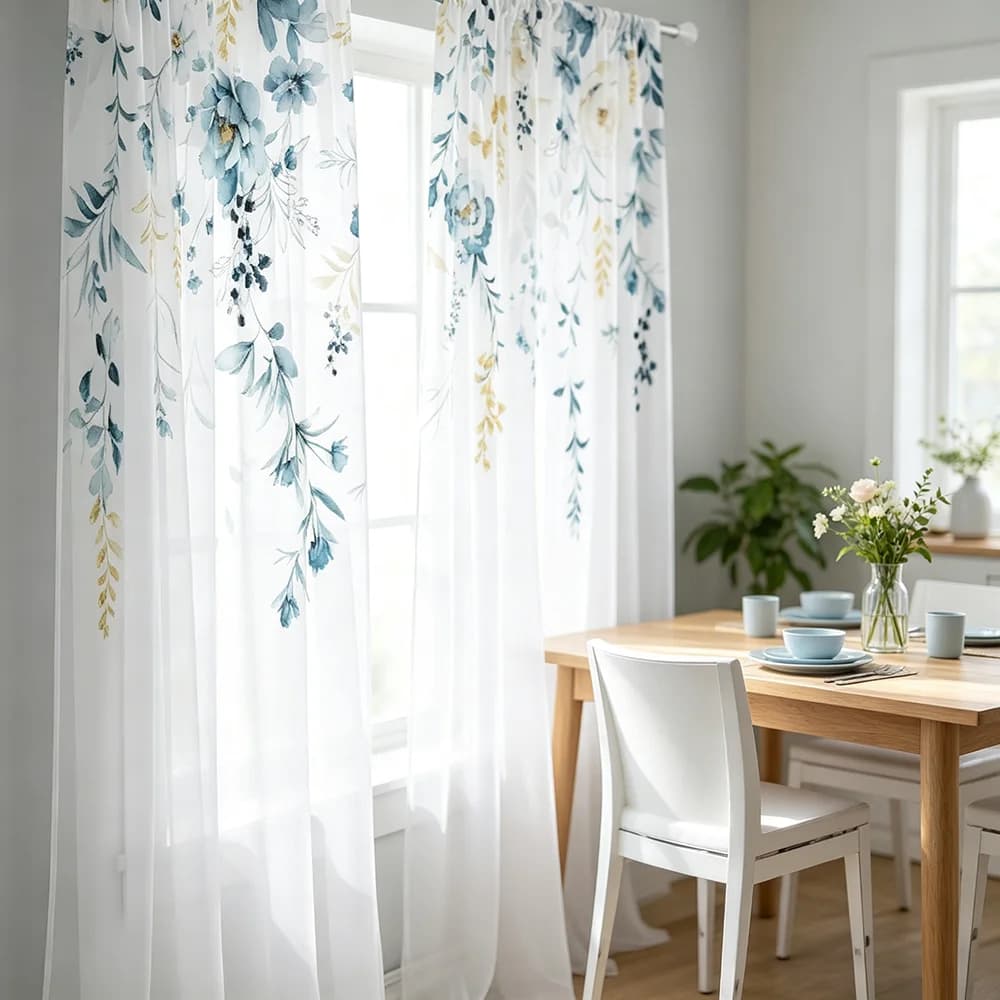 2PCS Winter Floral Sheer Curtains, Blue Watercolor Flower Print, Digital Print, Window Drapes for Living Room Bedroom Christmas