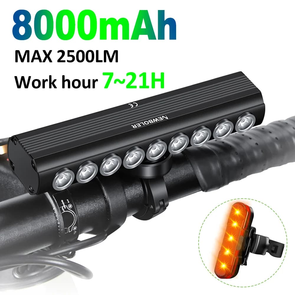 NEWBOLER 8000mAh Luce per bicicletta anteriore 2000LM Luce per bici USB Type-C Ricarica MTB Lampada per ciclismo su strada Accessori per biciclette