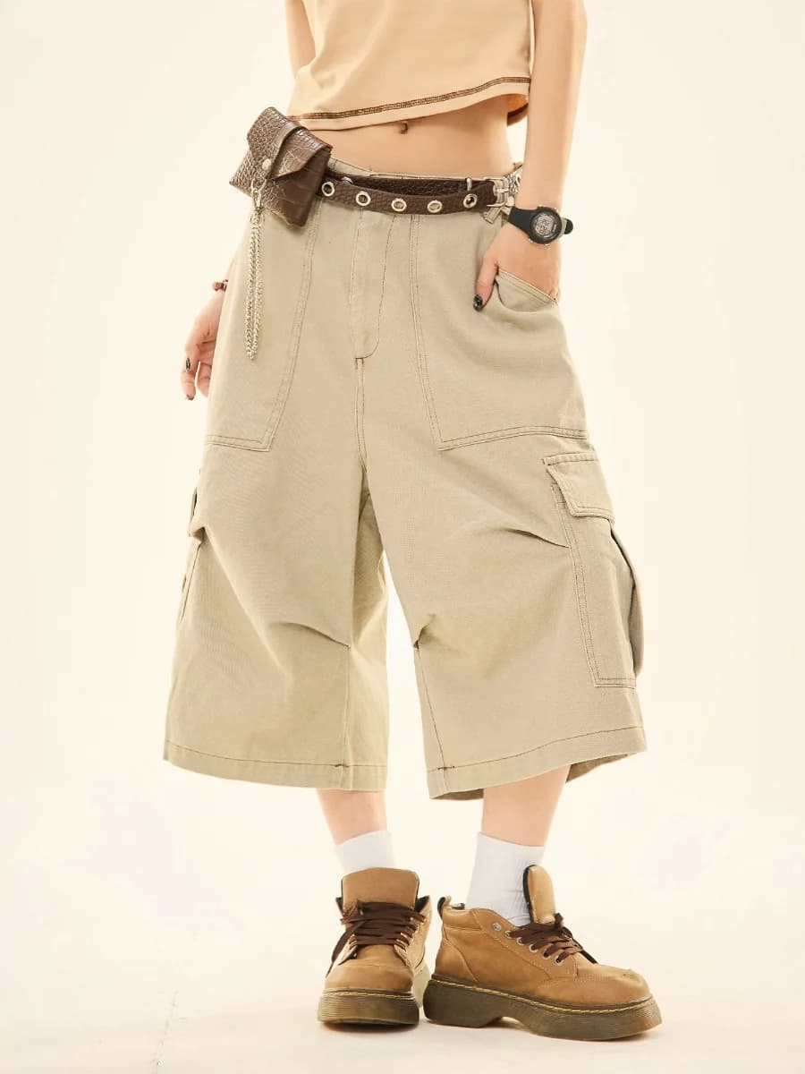 American Retro Multi-Pocket Casual Shorts Straight Leg Wide Leg Seven-Foot Pants Unisex Summer Street Style Loose Fit