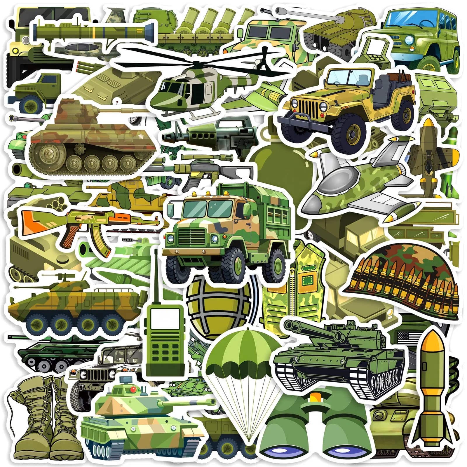 50 Pezzi Adesivi in PVC con Equipaggiamento Militare Cartoon, Decorazioni Estetiche Fai-da-Te per Telefono, Laptop, Valigie, Skateboard, Graffiti
