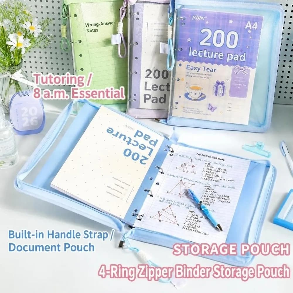 Portable 4-Hole Loose-leaf A4 Binder Folder, Transparent with Handle Document Pouch Zipper File Bag Students