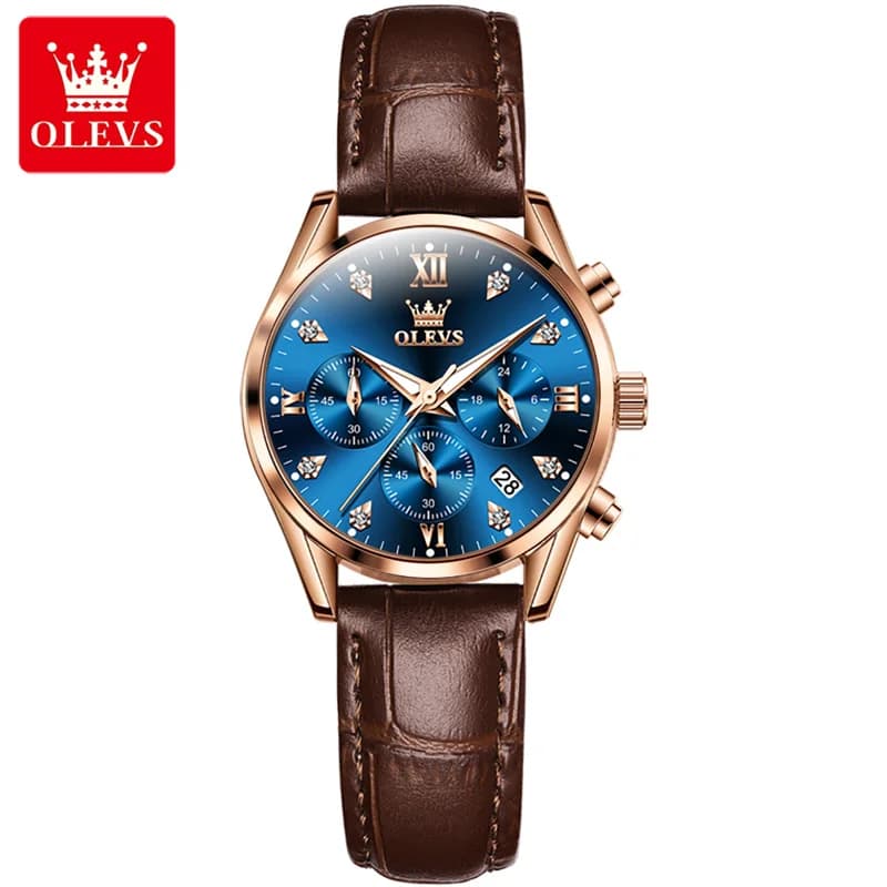 OLEVS New Top Brand Luxury Ladies Rose Gold Diamond Quartz Wristwatch Women Leather Waterproof Chronograph Watch Reloj Mujer