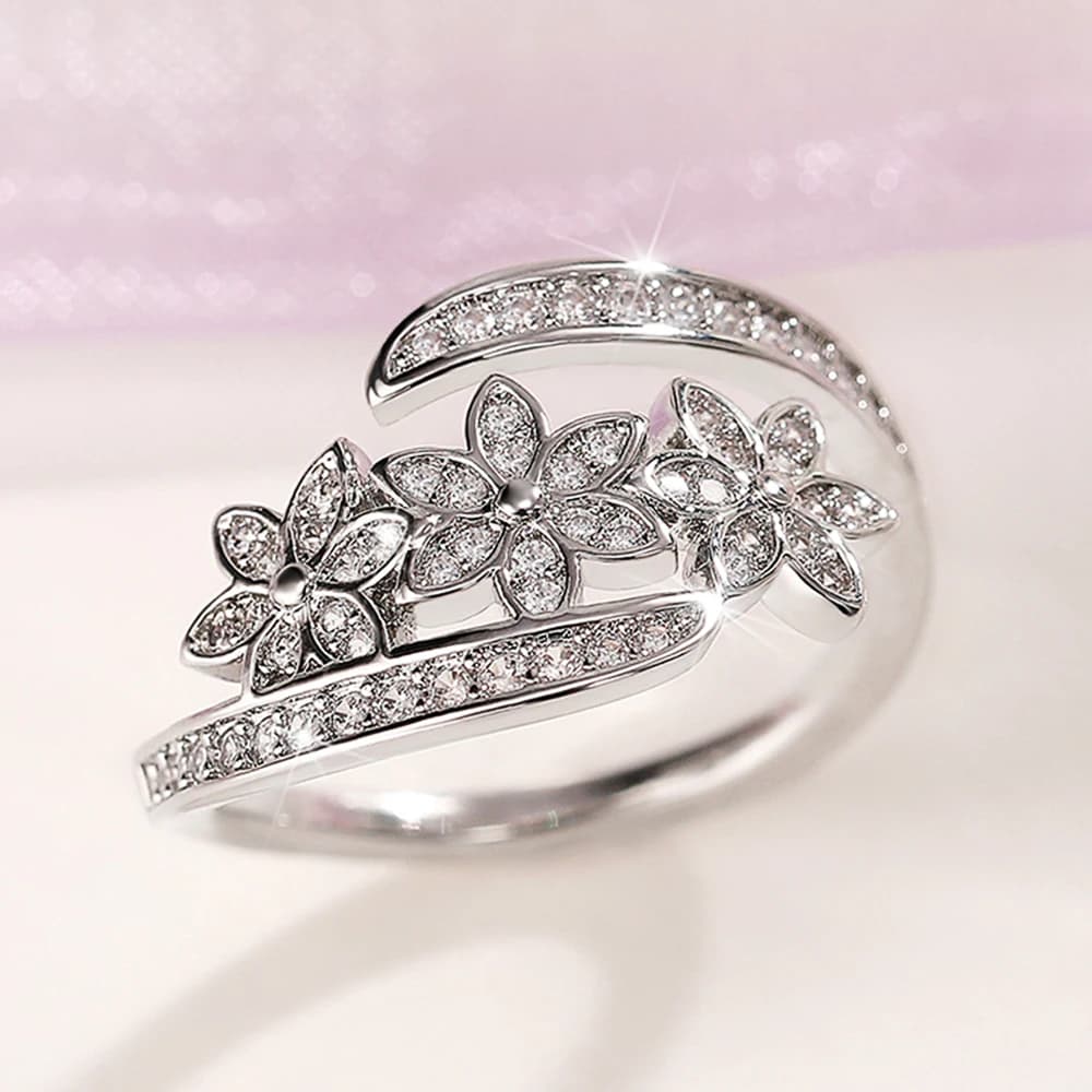 Huitan Dazzling Crystal Flower Opening Ring for Women High Quality Silver Plated Fashion Rings Party Female Jewelry Wholesale