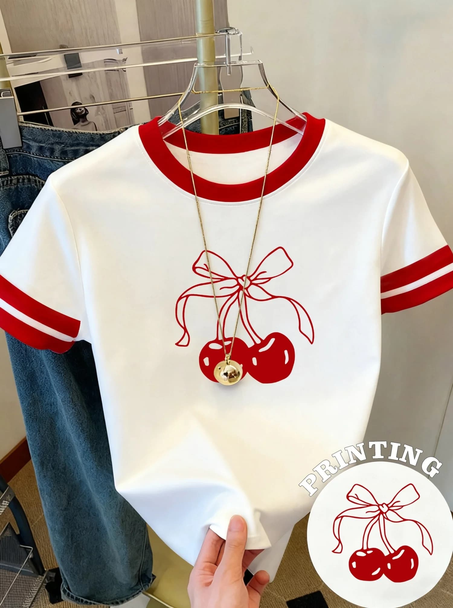 T-shirt da donna 2026 a maniche corte, stile Y2K, con stampa ciliegie, girocollo, per San Valentino, sport all'aperto, per adulti