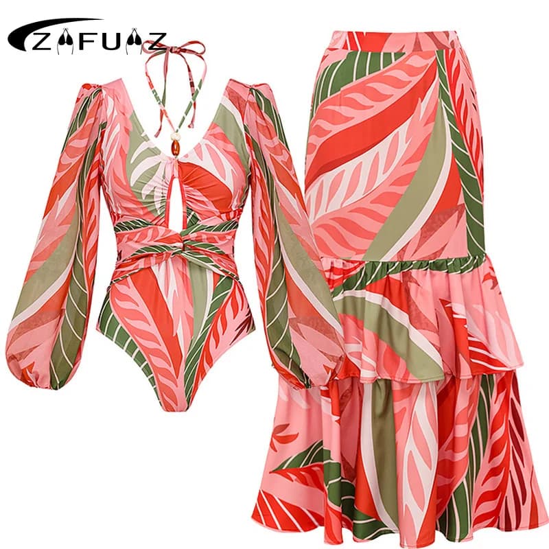 Women's Full Swimwear Sexy Long Sleeved Swimwear With Swimwear Dig With Volant Bikini Luxury Beach Swimwear