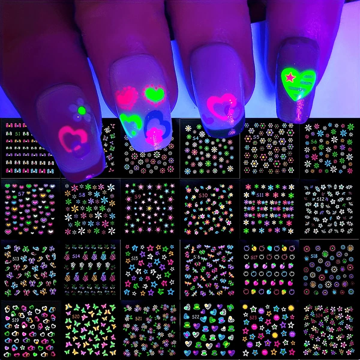 30 fogli di adesivi per unghie al neon 3D che si illuminano al buio - Decorazioni per nail art autoadesive lucide e lucide con farfalla, cuore d'amore