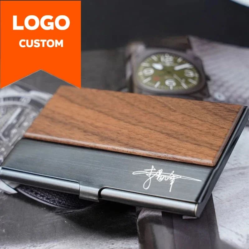 Wooden business card holder with custom stainless steel logo Business card holder with laser engraving Wooden clip Customize business gifts for car cases
