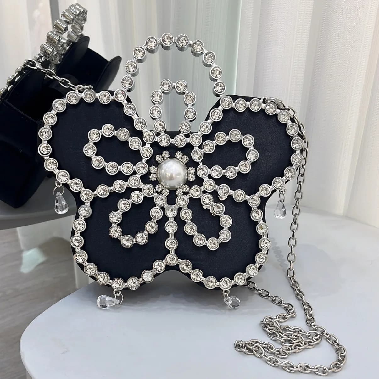 Borsa a Tracolla Stile Fata Francese Super Scintillante con Fiori Decorati di Diamanti, Lussuosa Borsa Versatile con Catena di Perle e Diamanti per Donne