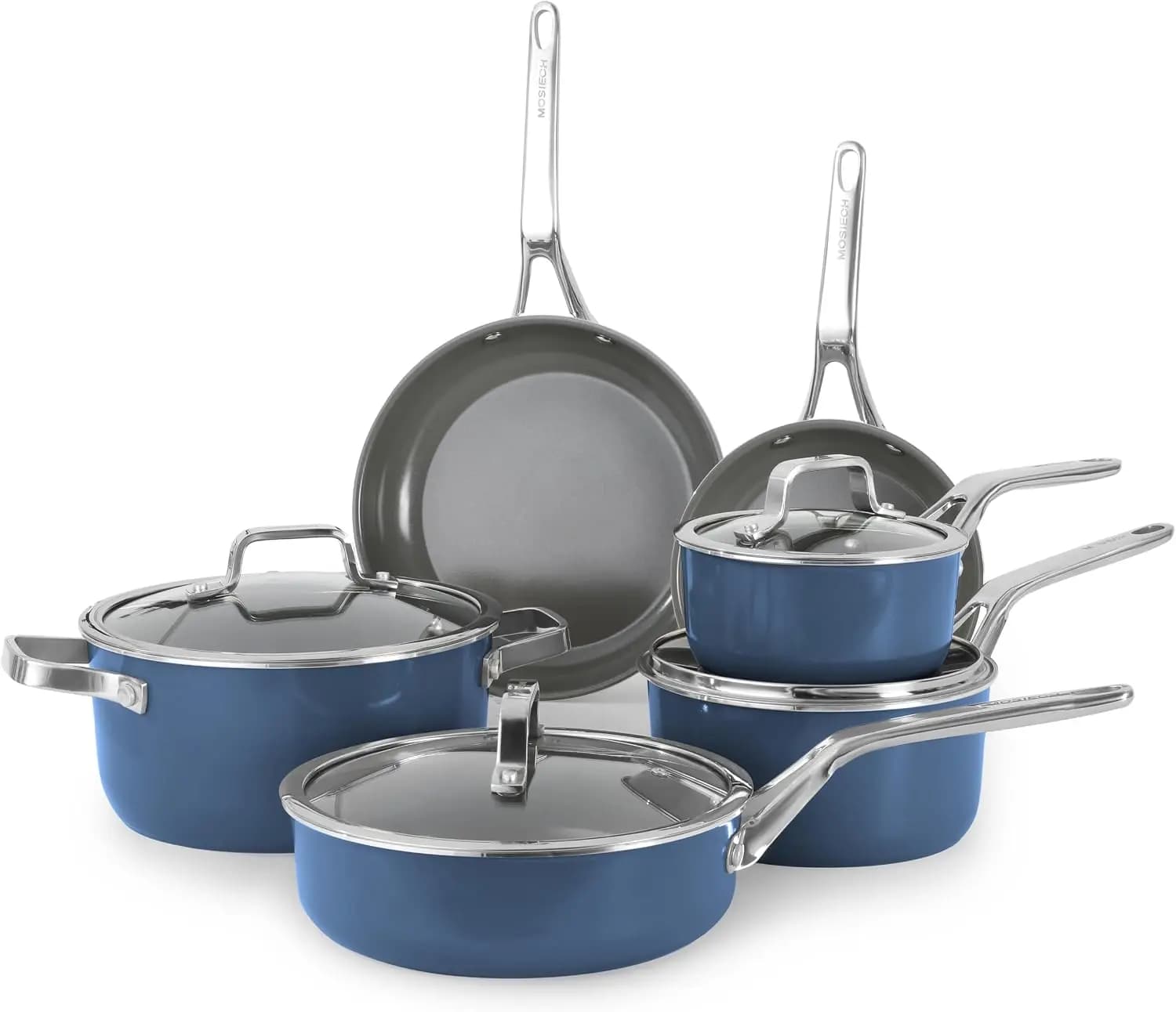 Blue 10 Piece Ceramic Cookware Set Pots Pans Family Meals Saucepan Saute Pan Stockpot Frying Pans Oven Safe 480F Dishwasher Safe