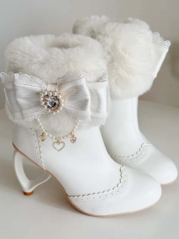 Winter Fashion Boots Women's Fleece Lined High Heel Heart Shaped Cotton Shoes Korean Style mid Calf Side Zipper Boots