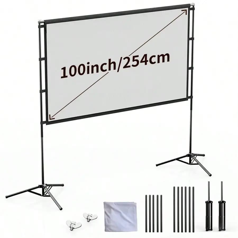 XBJ 100 Inch 4K Ultra HD Projection Screen 16:9 Foldable Portable Projector Screen With Dual Stands & Storage Bag For Indoor Outdoor Home Theater Movie Night Party