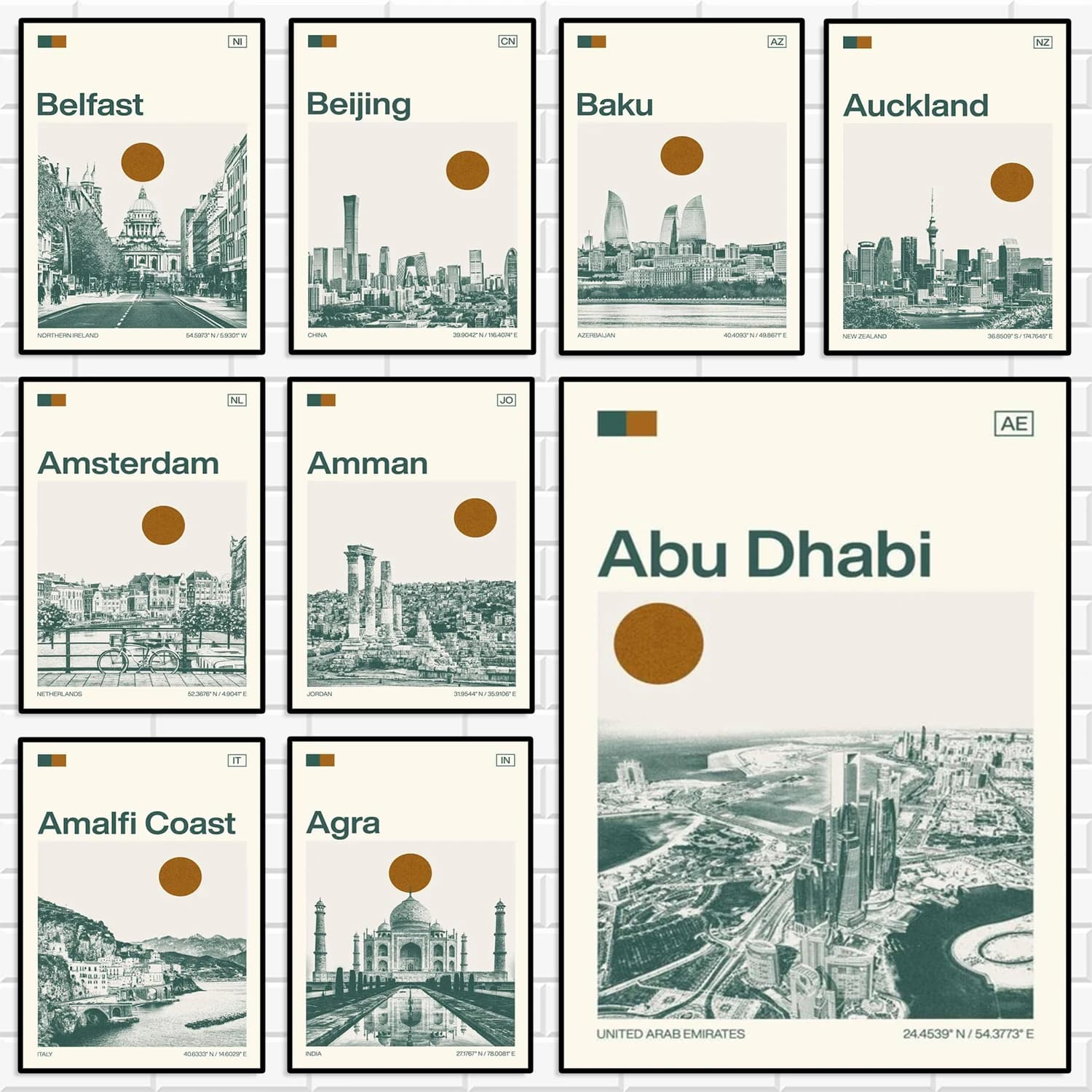 Retro Sage Green World City Canvas Print Bundle Multi-Country City Coordinate Travel Poster Home Decor for Travel Lovers Gift
