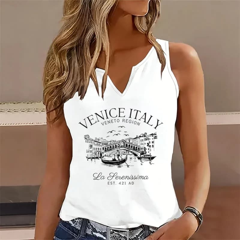 Vintage Italy Venice Sleeveless Tank Top T-shirt V Neck Casual Retro Vest T Shirts Women Graphic Tee Shirt V-Neck