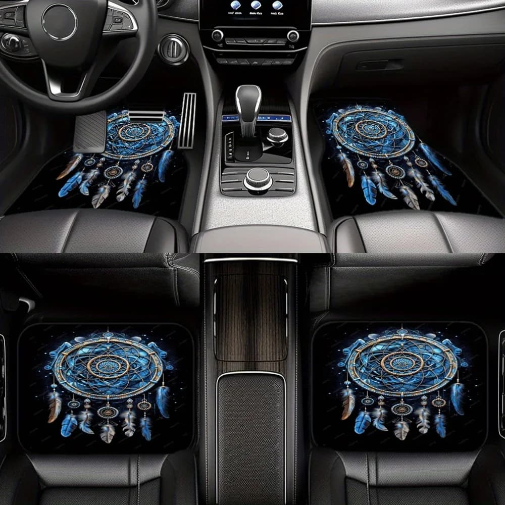 4pcs Blue Dreamcatcher Printed Car Floor Mats - Full Coverage, Soft Polyester Velvet, Fit For Sedans, Vans, SUVs - Stylish Auto
