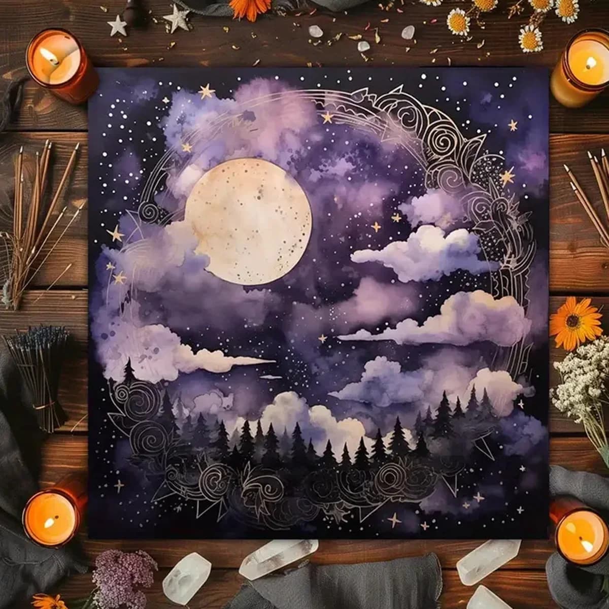 Tovaglia semplice per carte dei tarocchi, panno per altare con luna, cielo stellato, mani di strega, panno per divinazione in cristallo, tappetino per tarocchi, decorazione per carte