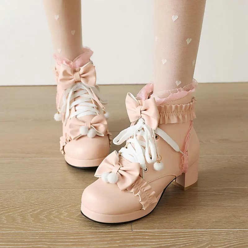 Stivaletti Invernali da Donna con Fiocco, Scarpe Principessa Lolita, Calzature con Tacco Grosso e Punta Rotonda, Scarpe da Cerimonia e Matrimonio per Ragazze, Taglie 28-43