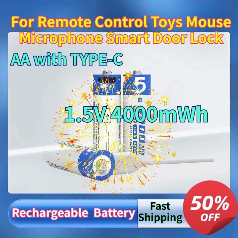 Batteria Ricaricabile Li-ion AA 1.5V 4000mWh con TYPE-C per Telecomandi, Giocattoli, Mouse, Microfoni, Serrature Intelligenti