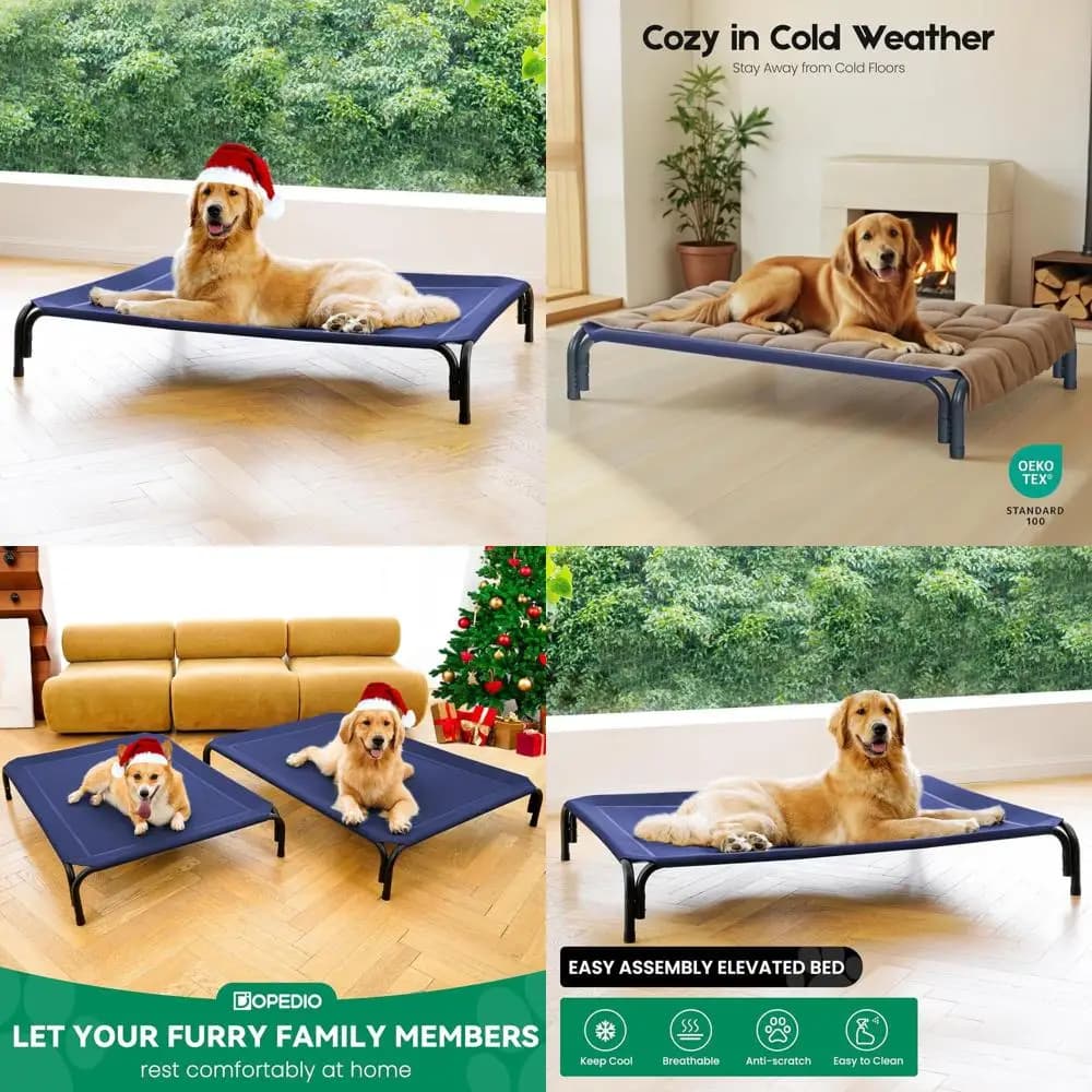 Lettino per Cani da Esterno con Montaggio Senza Attrezzi, Rete Rinfrescante e Base Antiscivolo, Adatto per Cani di Taglia Grande, Blu, 48.8