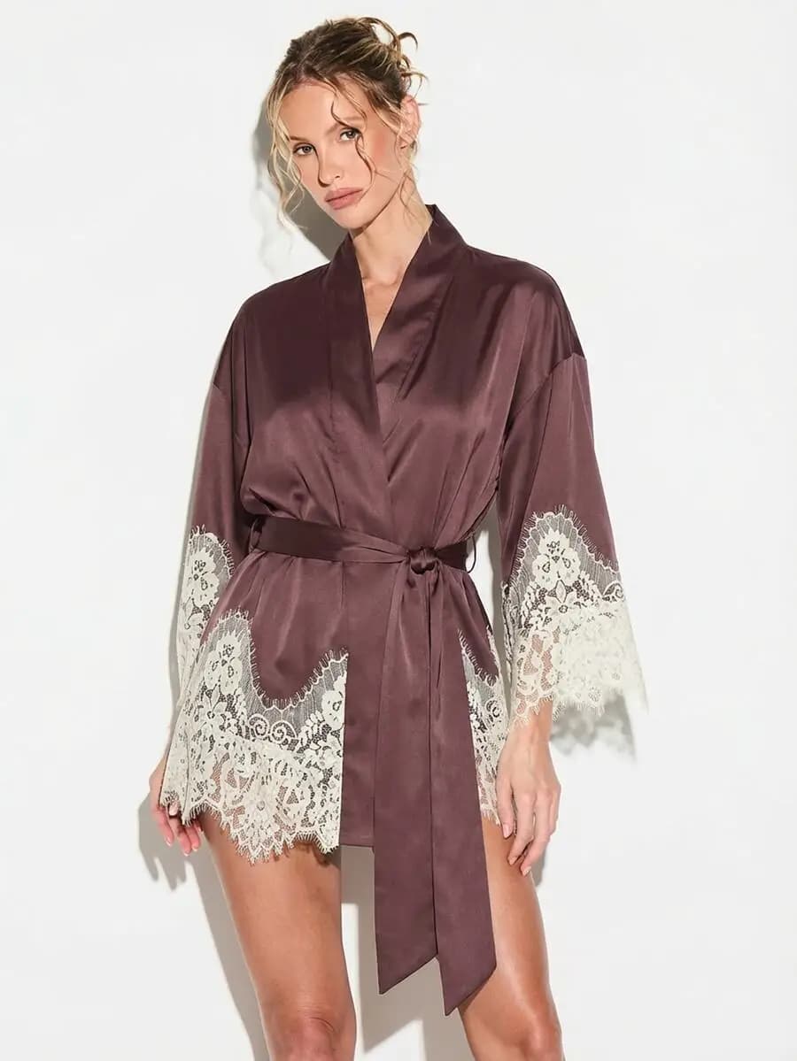 Satin Kimono Style Night Robe With Lace Trim Long Sleeves Belted Wrap Closure Sleepwear