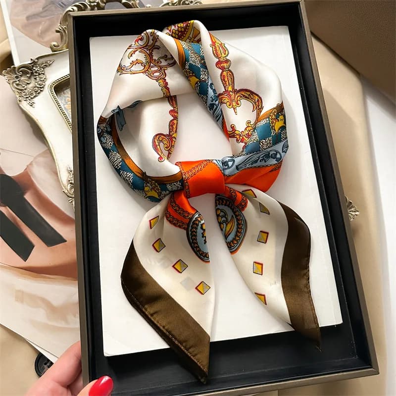 Vintage Chain Print Satin Small Neck Scarf With Brown Border