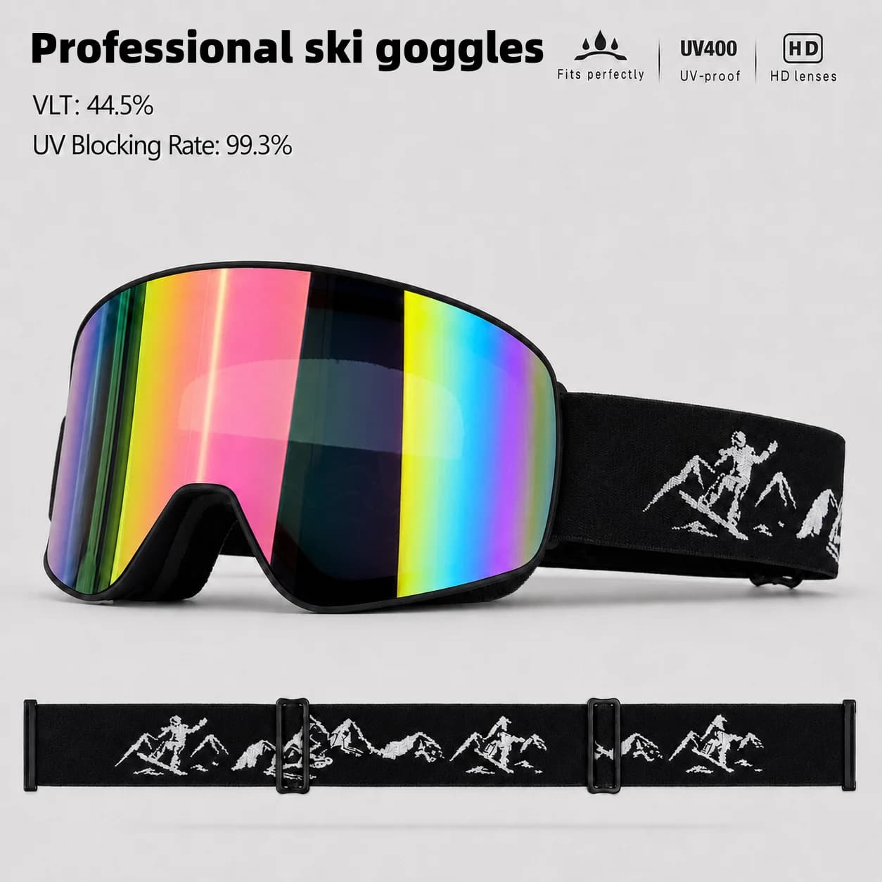 Ski Goggles with Mountain embroidery Strap, Face-Fitting Design, Suitable for All-Day Use