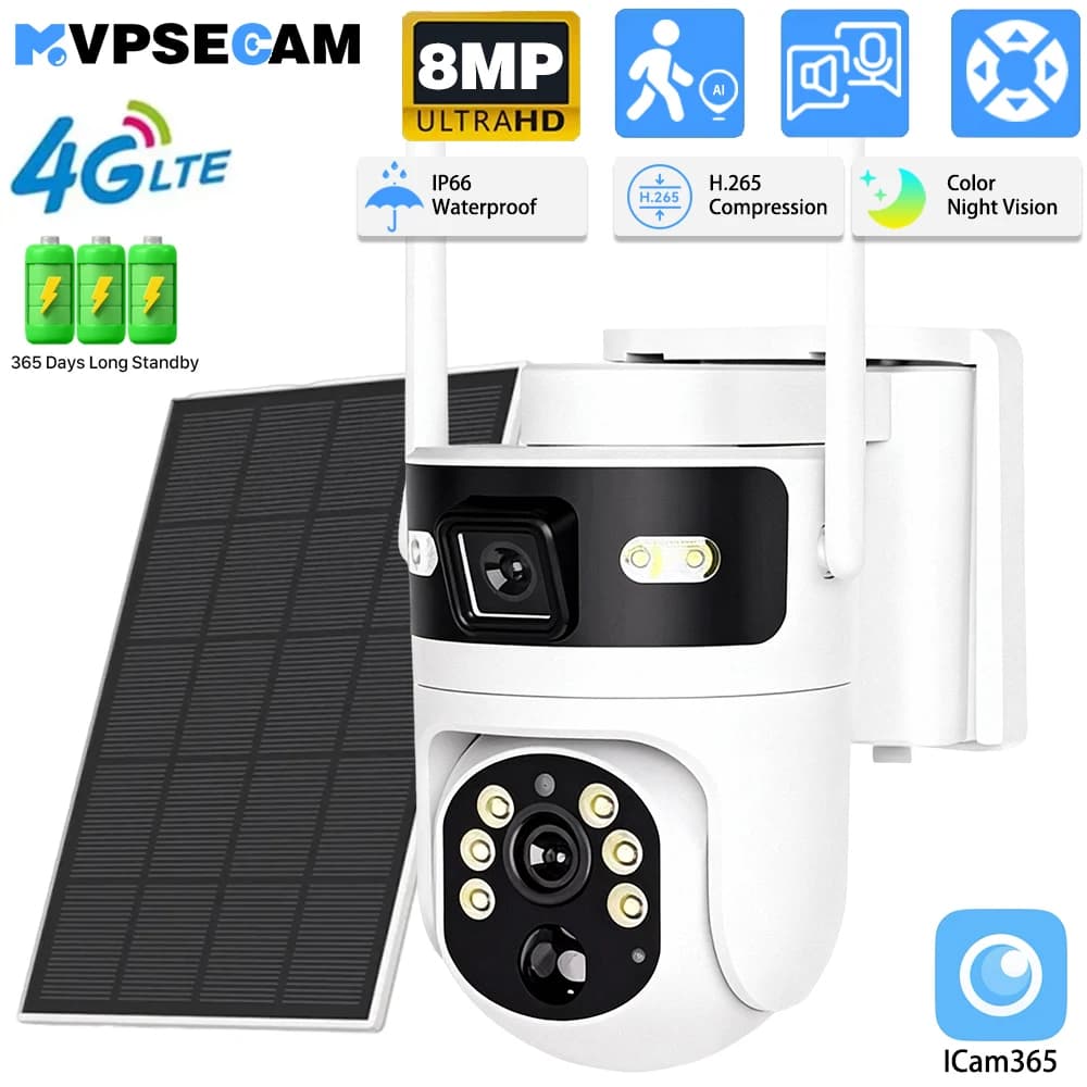 8MP 4K 4G SIM Card Telecamera IP PTZ Registrazione Batteria incorporata Doppia lente Telecamera esterna solare Pannello solare P2P ICam365 Rilevamento PIR