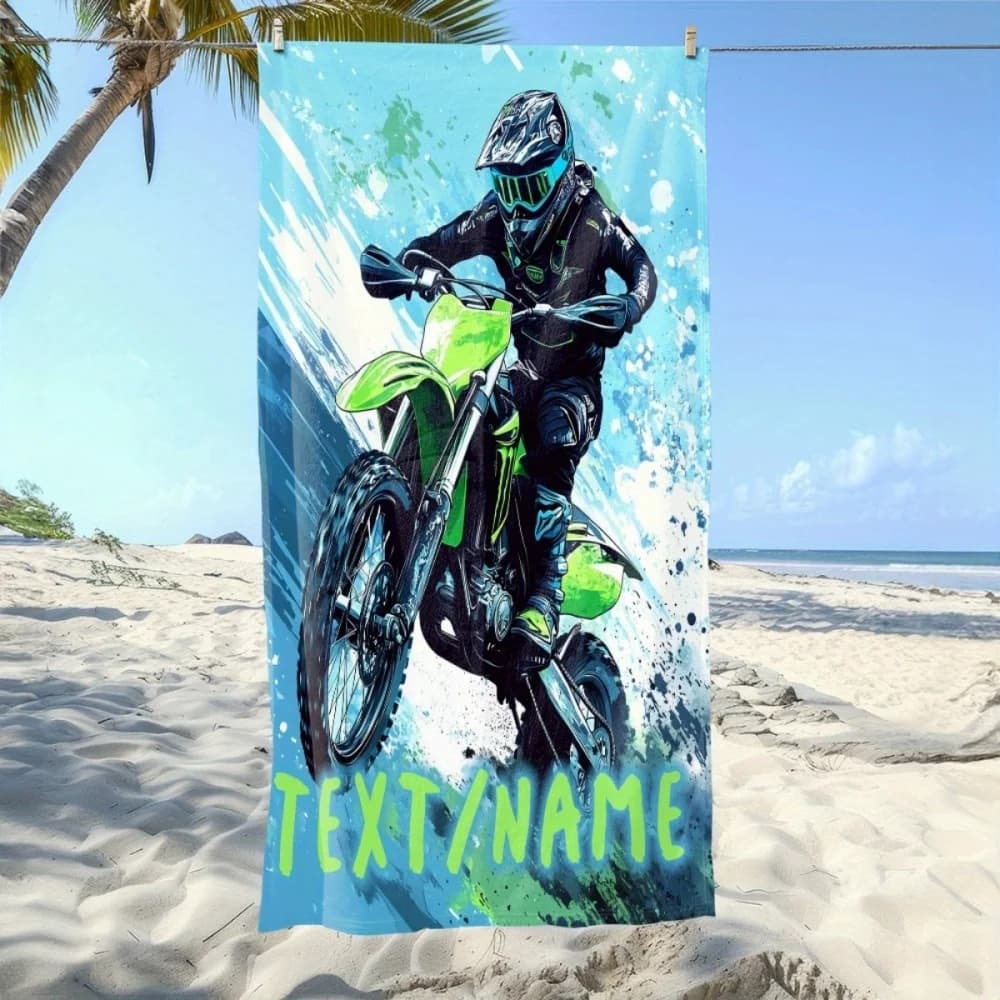 Asciugamano da spiaggia personalizzato con nome e immagine di moto in corsa - Morbido, microfibra ultra-assorbente, leggero, perfetto per spiaggia, viaggi, campeggio