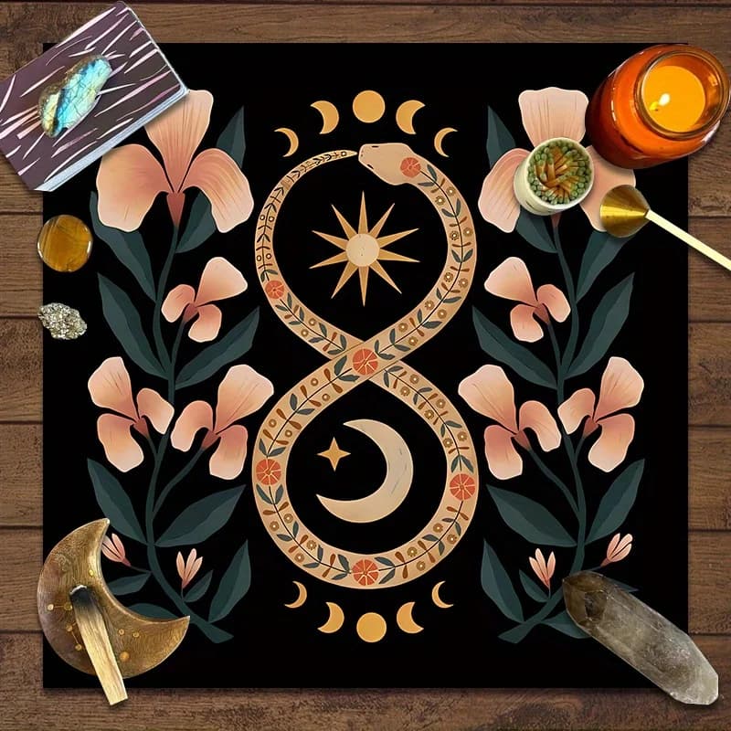 Tappeto da Tavolo con Simbolo dell'Infinito Serpente, Carta dei Tarocchi, Aquilone Rosa, Fasi Lunari, Panno per Altare, Energia di Rigenerazione, Tappetino per Divinazione