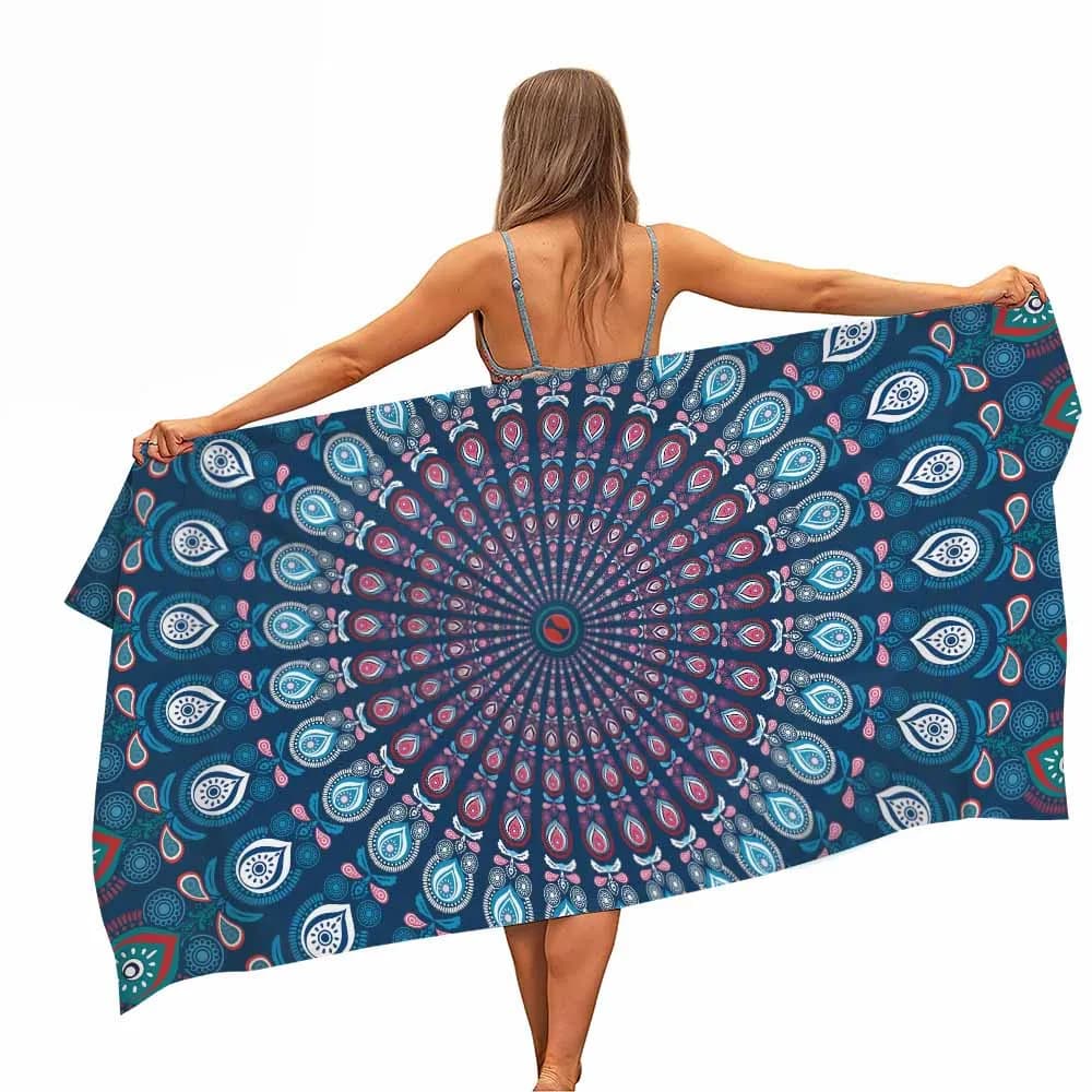 Microfiber psychedelic beach towel with colored mandala, portable, fast drying, for outdoor travel, swimming, yoga, super absorbent towel