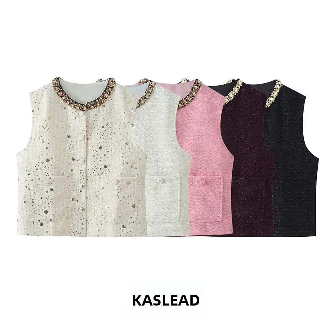 KASLEAD Nuova Giacca Gilet alla Moda con Diamanti Incastonati, Collo Rotondo, Chiusura a Bottone Singolo, Abbigliamento Casual da Donna in Poliestere