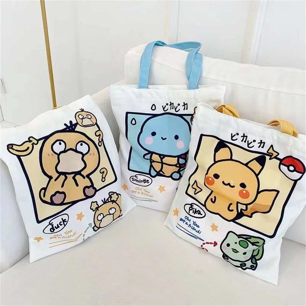 Anime Pokemon Canvas Tote Bag Shoulder Bag Daily Portable Handbag Shopping Grocery Students Girls Teens Gifts