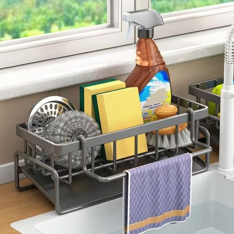 Kitchen Sink Sponge Holder Self Draining Sink Organizer with Towel Rack Soap Dispenser Storage Caddy, Multifunctional Kitchen