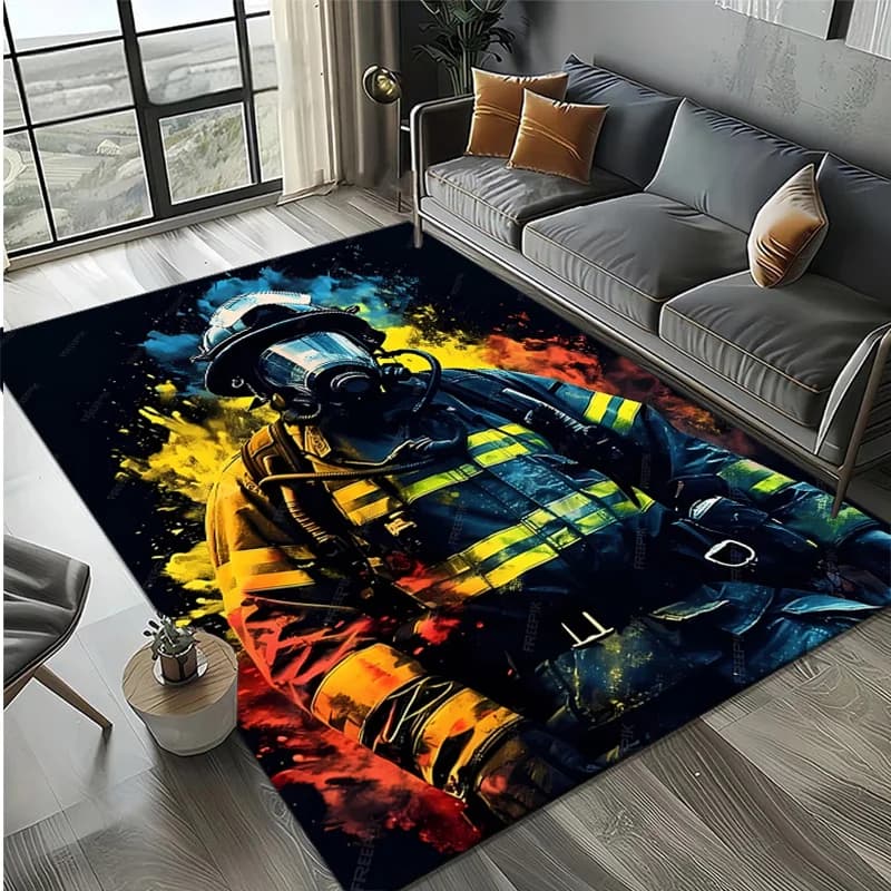Firefighter Crystal Rug, 800gsm Fleece Polyester, Non Slip Carpet, Vibrant Bedroom Living Room Decor, Hero Themed Home Accent
