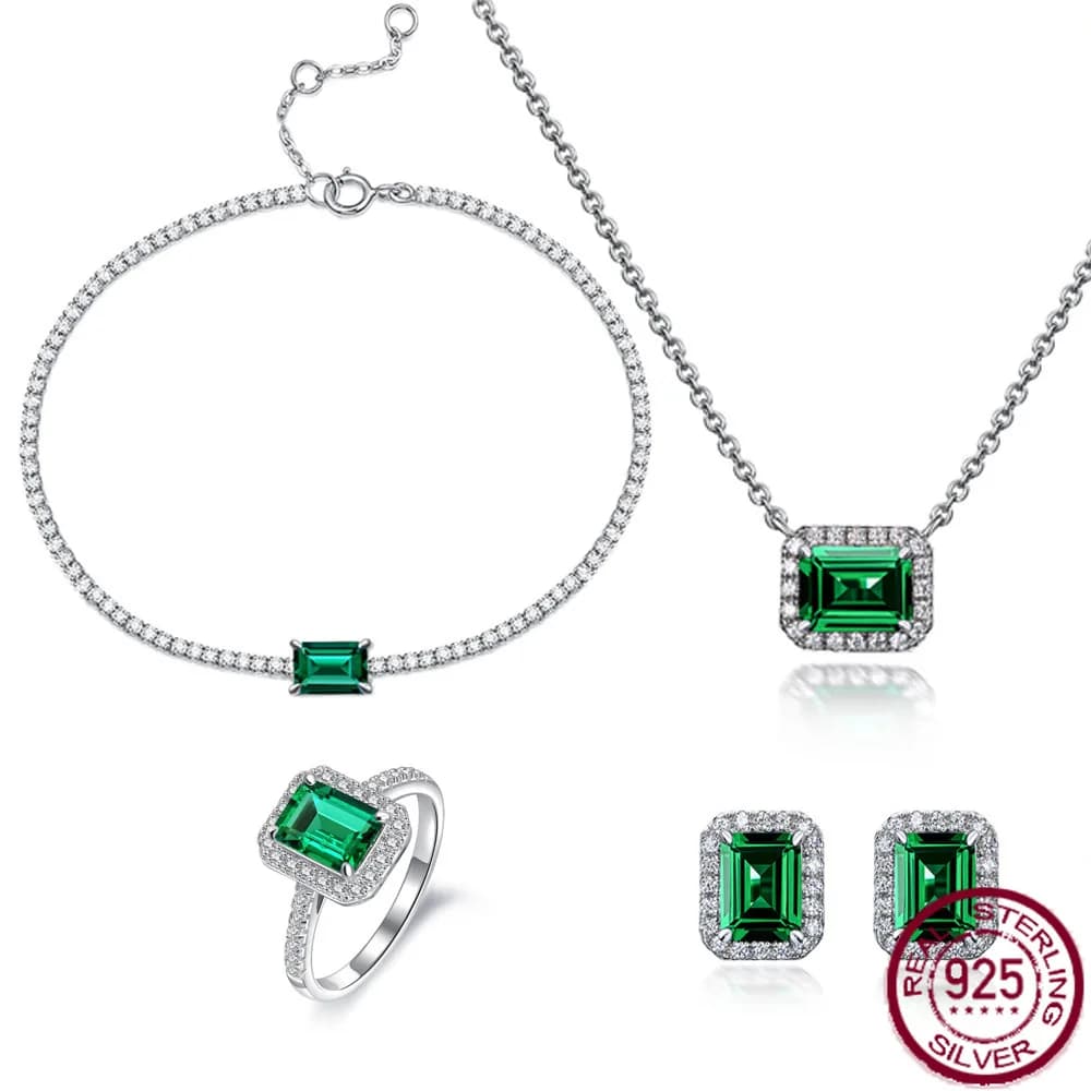 Nuovo set di gioielli da fidanzamento in argento S925 rettangolare 6 * 8 con smeraldo color Zambia, lusso discreto, quattro pezzi.