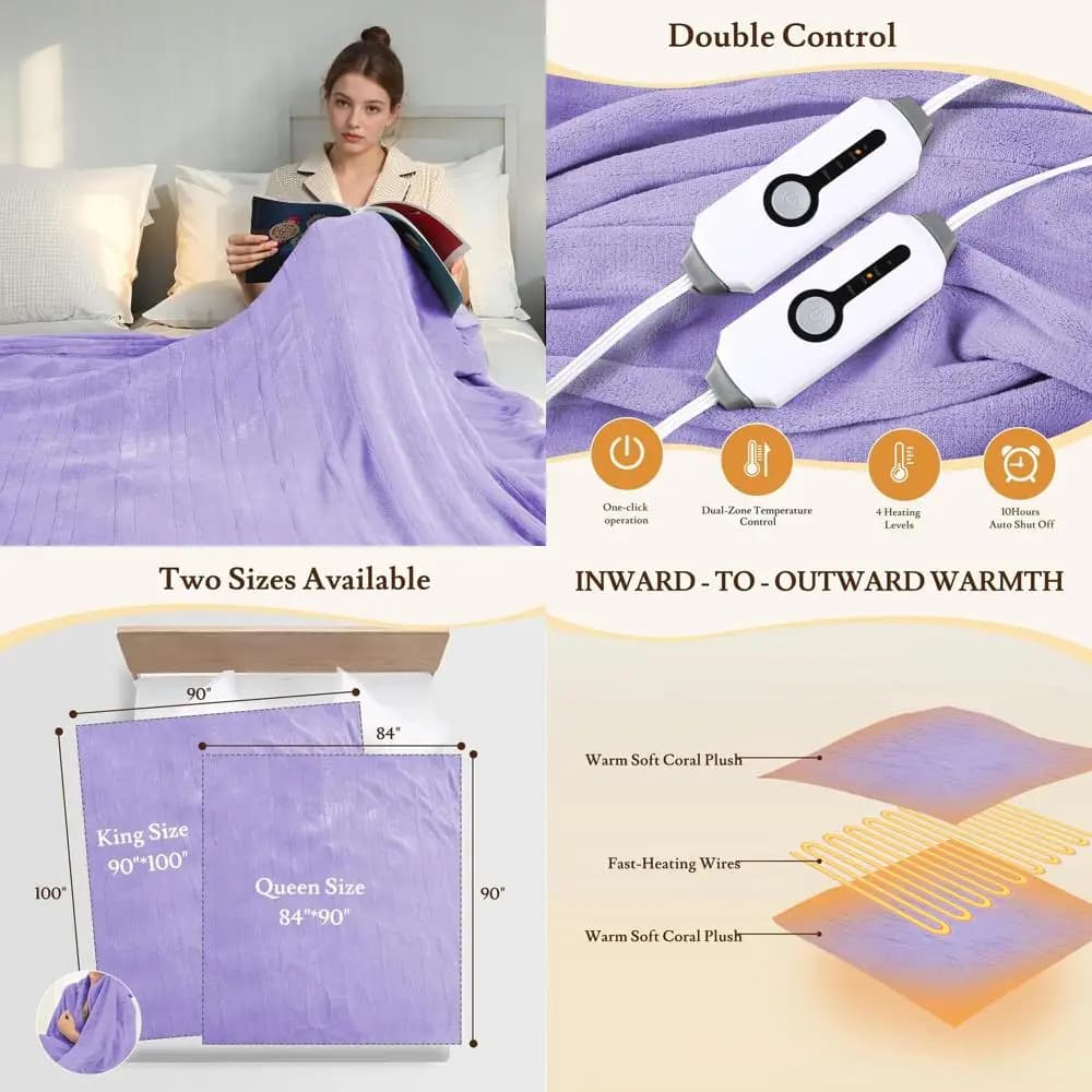 Coperta elettrica Queen Size 84x90 - 4 livelli di calore, doppi controlli, spegnimento automatico, morbido pile corallo, viola chiaro