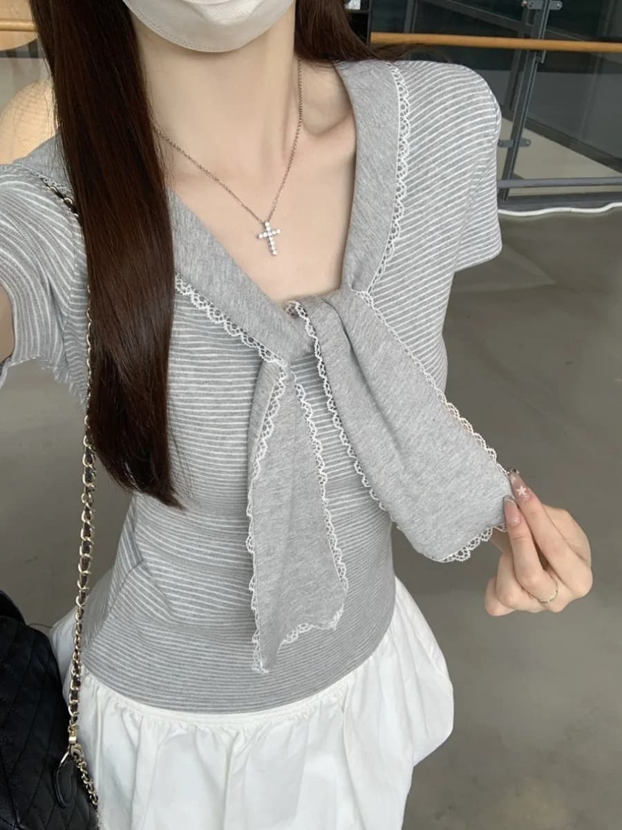 Korean Style Navy Collar Lace Trim Belted Stripe Short Sleeve T-Shirt Women Summer Slim Fit Elegant Beautiful Shoulder Top