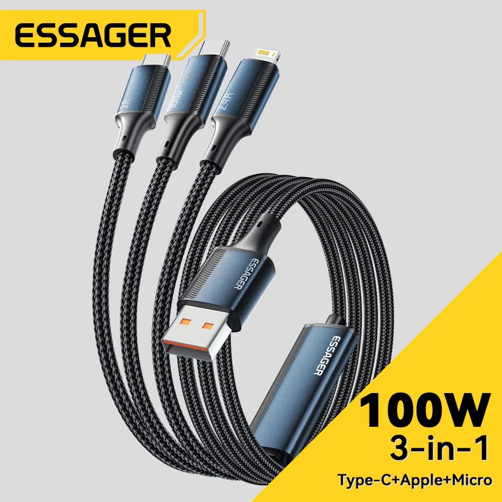 Essager 100W 7A USB Tipo C Cavo di ricarica rapida 3 in 1 Cavo di ricarica rapida per iPhone 16 15 14 13 12 ProMax Samsung Xiaomi MacBook