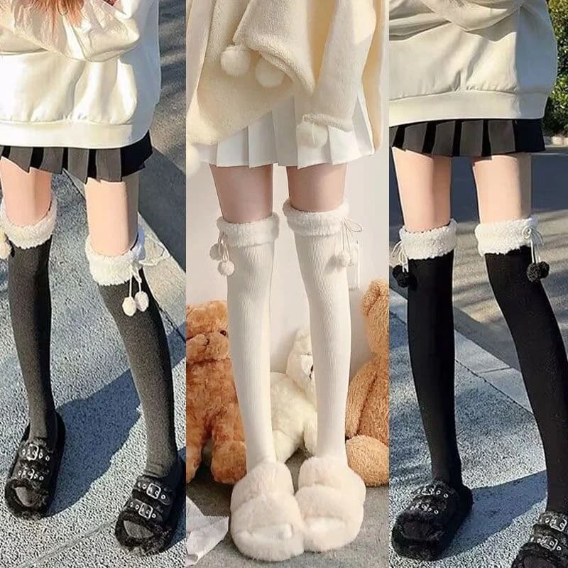 Calze Lunghe al Ginocchio Lolita con Pompon in Pelliccia e Lana per Donne, Calze Sopra il Ginocchio, Autunno Inverno, Calze Calde Sexy in Peluche per Ragazze
