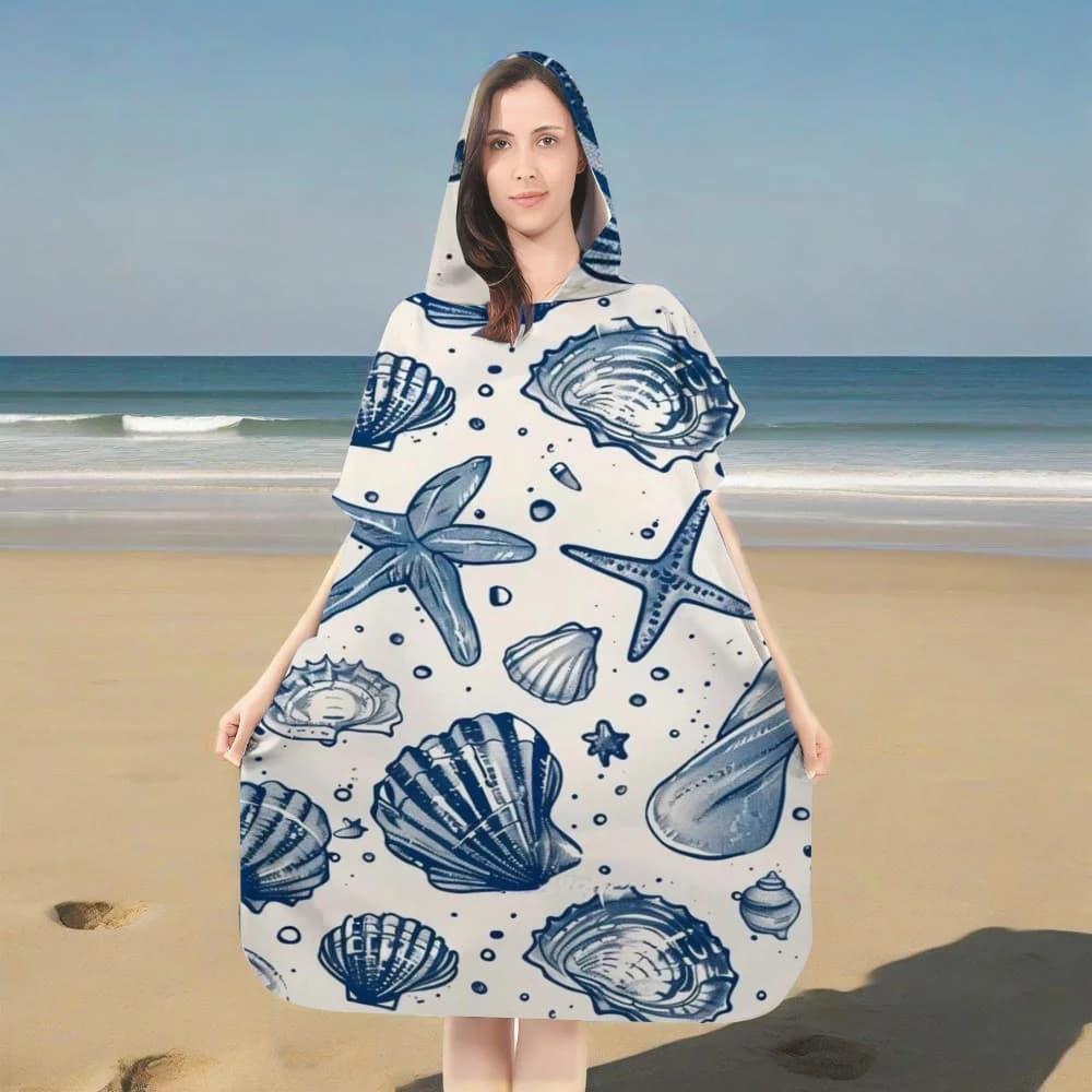 Accappatoio con Cappuccio a Forma di Conchiglia e Stella Marina, Asciugamano da Spiaggia in Microfibra ad Asciugatura Rapida